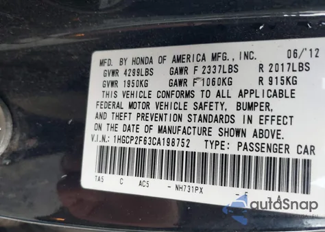 2012 Honda Accord 2.4 Se z USA, uszkodzony, nr VIN 1HGCP2F63CA198752